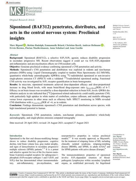 Siponimod (BAF312) penetrates, distributes, and acts in the 